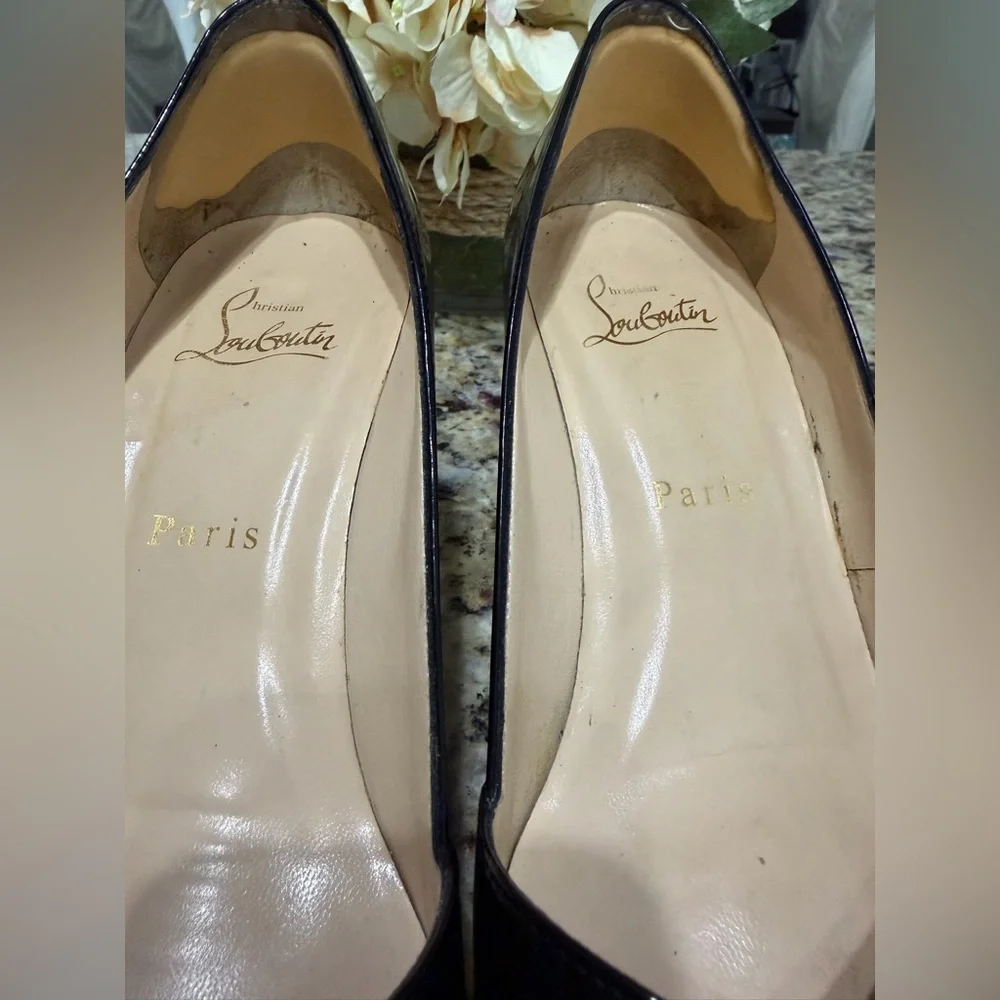Christian Louboutin Black Patent Shelley 85 Peep Toe Pumps, Size 37